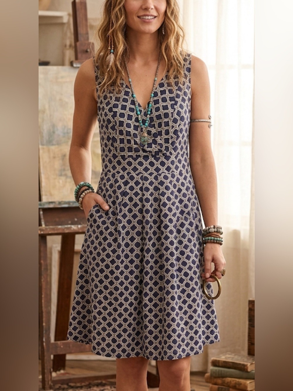 Lands’ End Blue White A-Line Sundress Size 12 Coastal Breezy Feminine